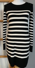 LOFT Wool Blend Sweater Dress XS Black White Stripes Buttons City Career Party