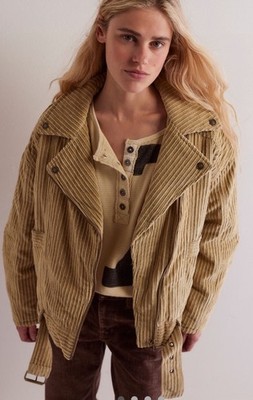 Free People Makenna Jacket We The Free Moto Cord Zipper Belted Tan Green XS NWT