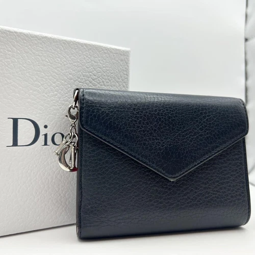 Christian Dior Portefeuille Tri Fold Compact Sac à Main Cuir Marine Authentique