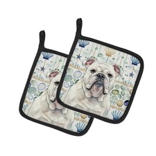 Caroline's Treasures White English Bulldog Coastal Sea Glass Pair of Potholders