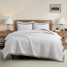 White Quilt Set Queen Size - Farmhouse Soft Striped Stitch Bedding Bedspread ...