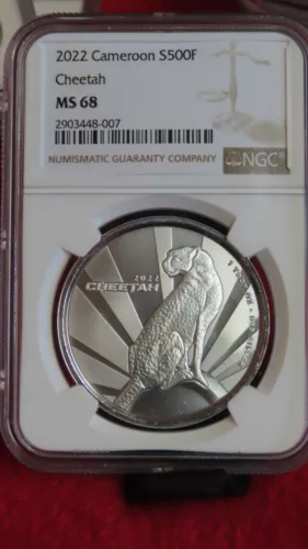 2022 CAMEROON 500F - CHEETAH - NGC MS68 - 1 ounce 999  SILVER COIN - CAT