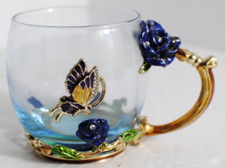 Tazza da tè/caffè vetro trasparente smaltato fiore farfalla blu oro strass ARC 32 CL