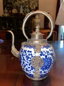 18th C. Antique Chinese Porcelain Blue & White with silver Teapot Qing Dynasty