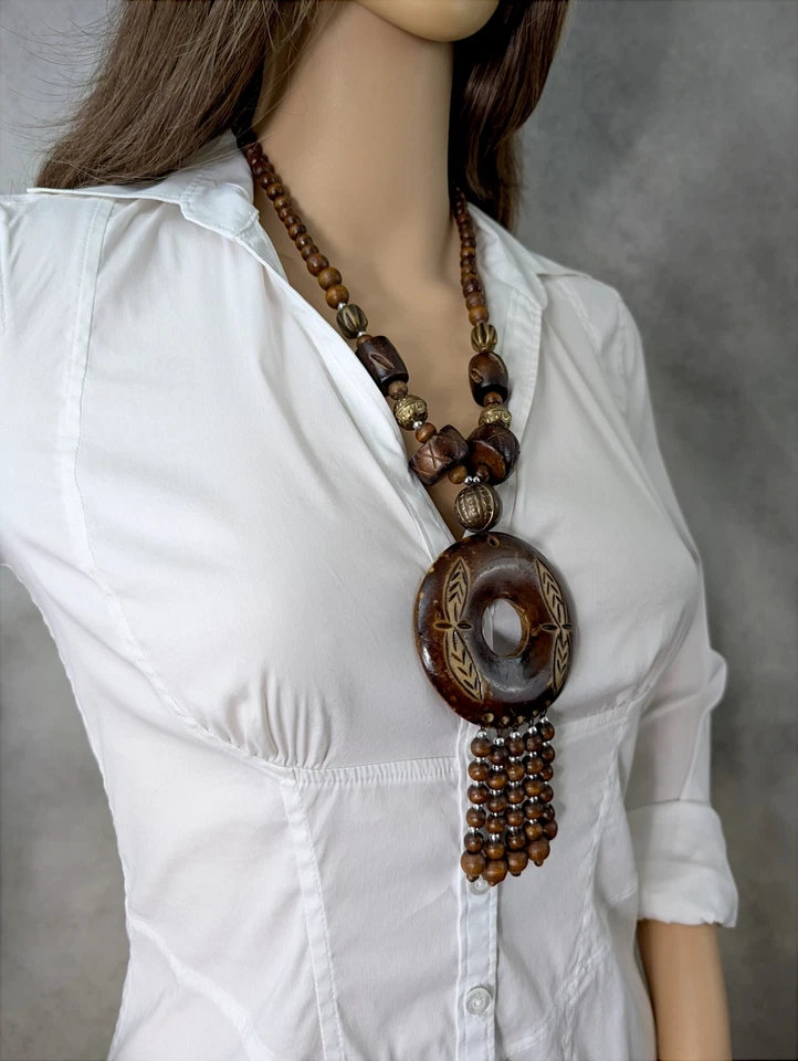 Ожерелье с подвеской богемное коренастое бахрома из натурального дерева коричневое 23 дюйма - Изображение 3 из 4