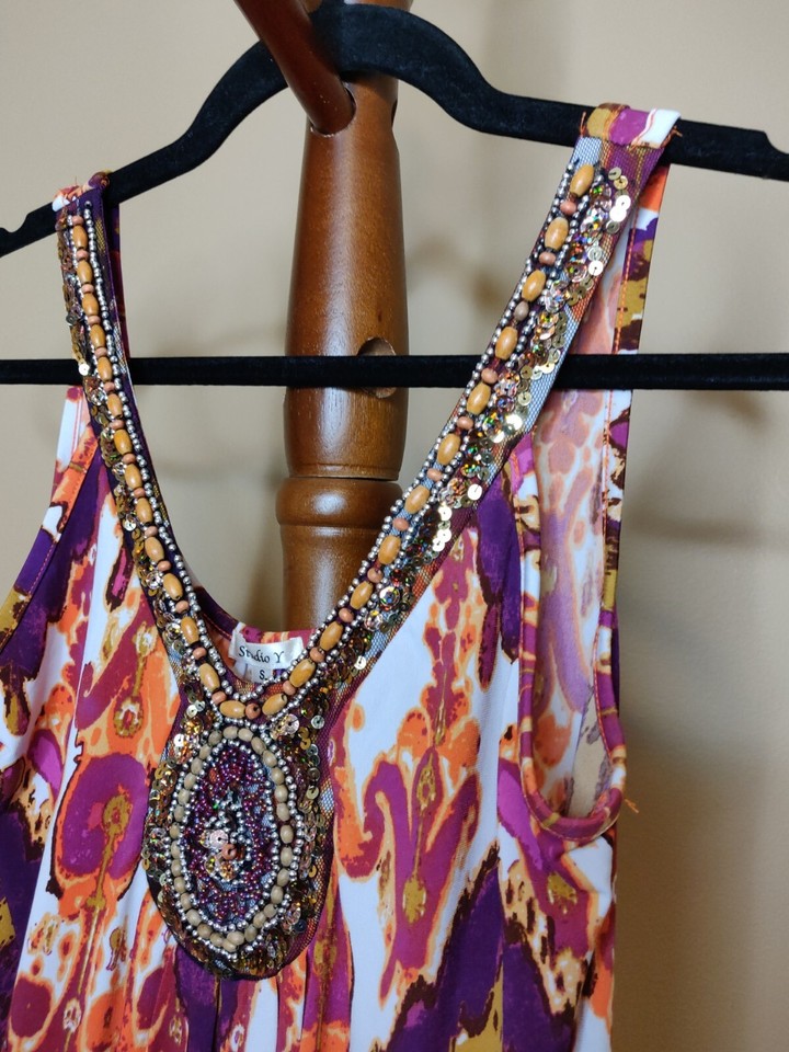 Studio Y women's S sleeveless blouse multicolor print v-neck beaded ...