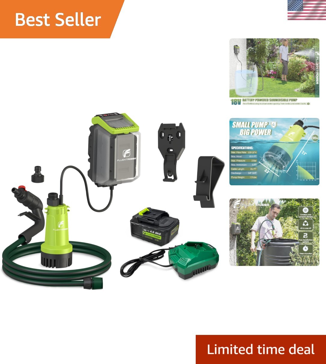 18V 4.0Ah Cordless Utility Water Pump for Portable Transfer, 90W Power