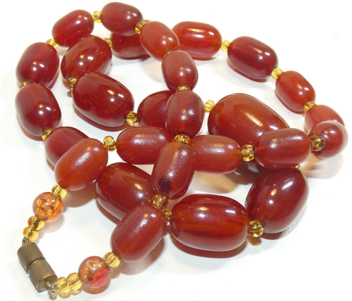 Collier Sautoir Vintage - 2 Rangs De Perles Bakélite Couleur Ambre - Neuf Sans Emballage D'origine