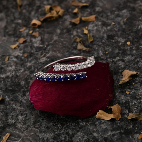 0.72 TCW Synthetic Blue Gemstone Lab Grown CVD Diamond Cuff Ring 14k White Gold - Picture 7 of 13