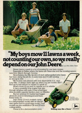 1980 Vintage Print Ad John Deere My boys mow 11 lawns a week not counting own