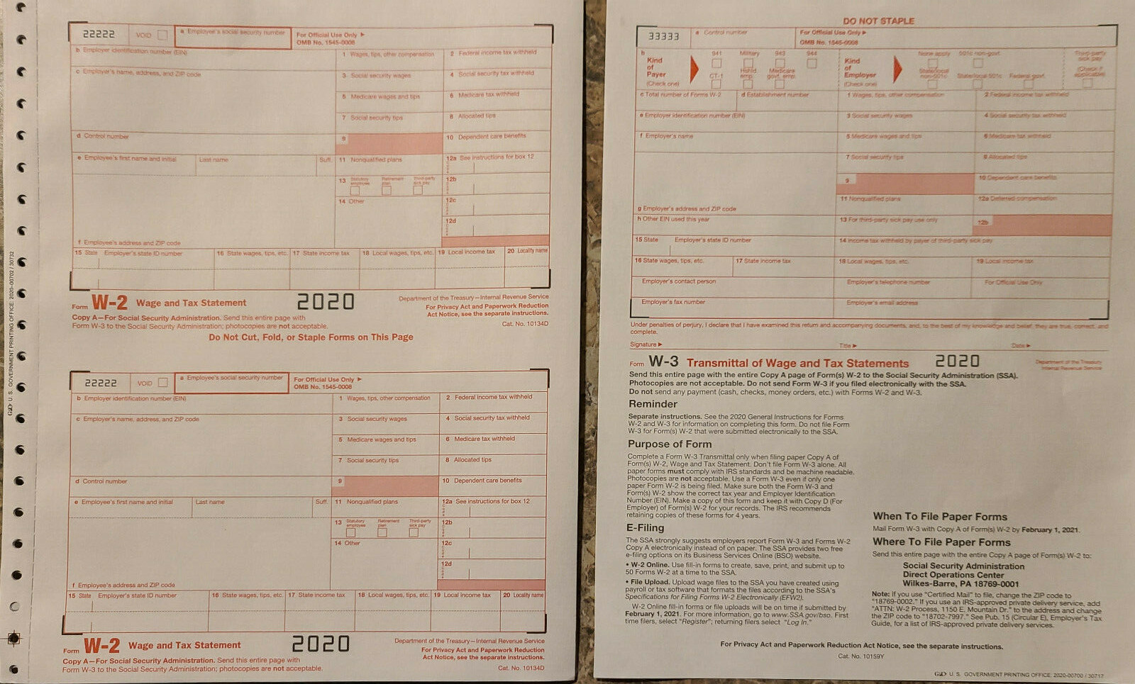 2020 IRS Tax Forms (2) W2 Form For 4 Employees + (1) W3 Transmittal