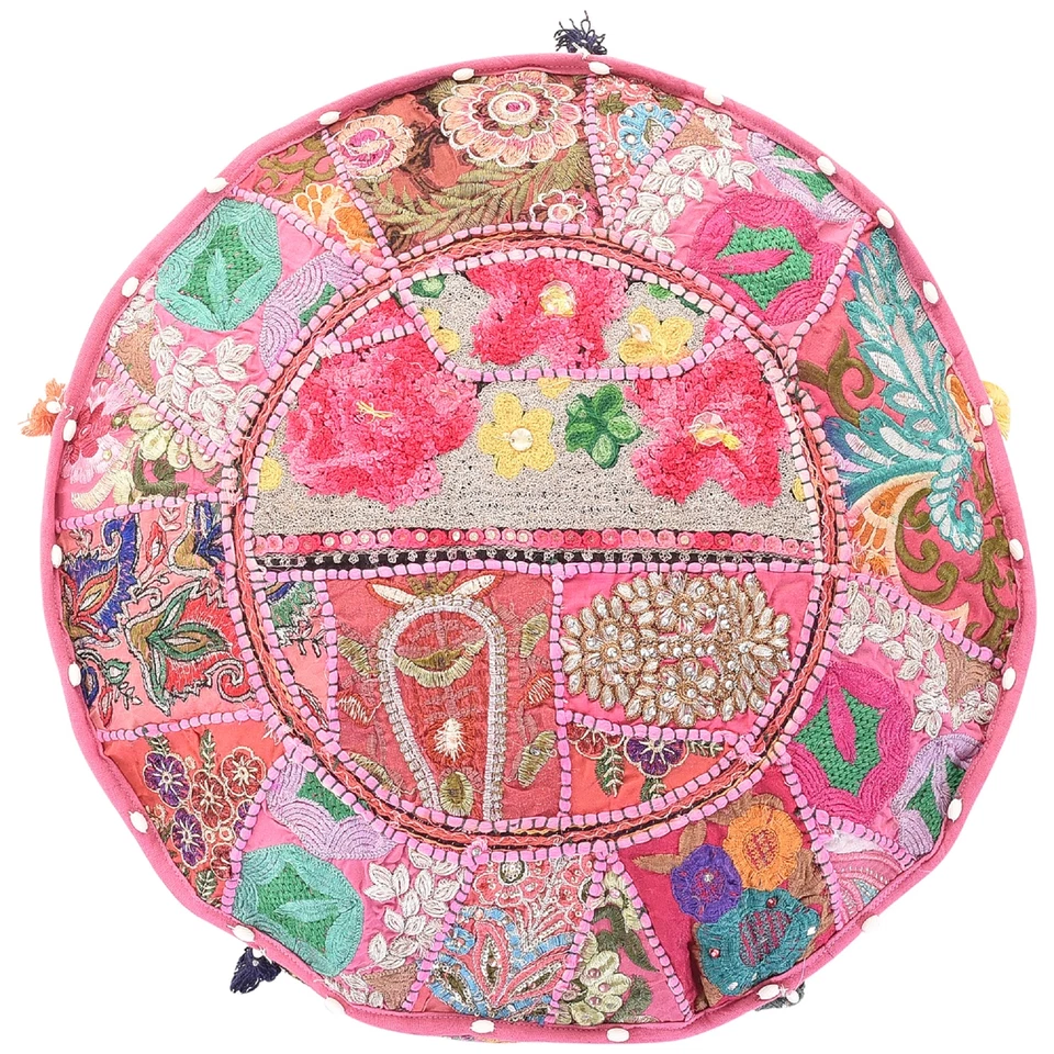 Indian Handmade Vintage Pouf Cover Ottoman Patchwork Pouf Embroidered Stool - Image 2 of 3