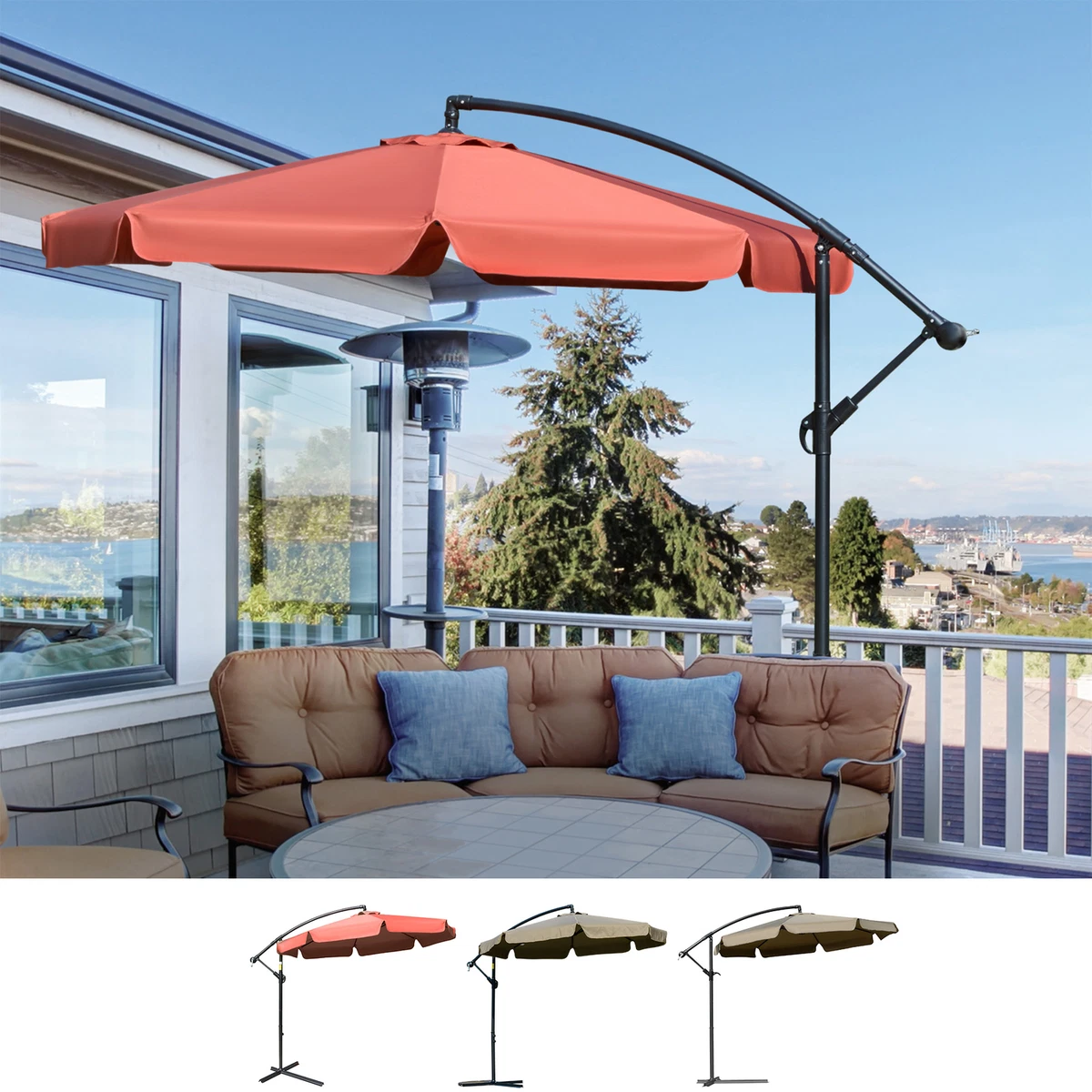 Outsunny 9ft Offset Hanging Patio Umbrella Cantilever Umbrella with Easy Tilt Adjustment, Cross Base and 8 Ribs for Backyard - Brown