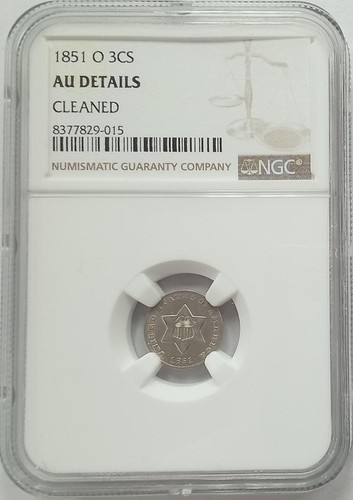 1851-O Trime 3 Cent Silver Coin NGC AU Details Cleaned