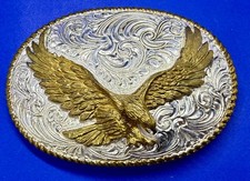 American Bald Eagle Heavy Silver Plate on Bronze 4" Wide Crumrine Belt Buckle
