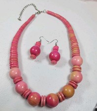 Pink Wooden Bead Necklace  Earrings Set   Boho Festival Fashion Jewelry