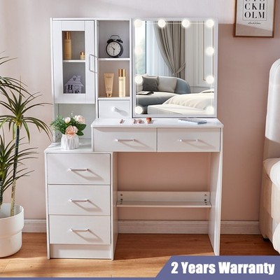 Makeup Vanity Set Dressing Desk With LED Sliding Mirror & Dusty-proof Cabinet US