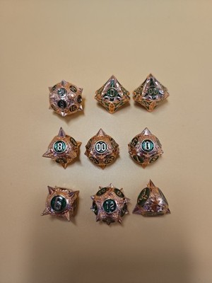 9pcs Metal Poly Dice Set D4 D6 D8 D10 D12 D20 D&D RPG Meteor Hammer Green