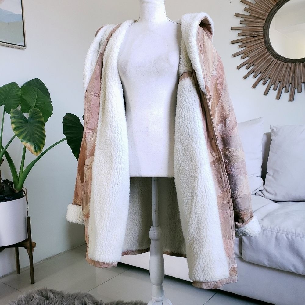 Leather Patchwork Shearling Lined Oversized Butto… - image 8