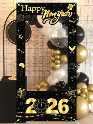1pc 2026 New Year's Day Theme Black Gold Photo Backdrop Decoration Prop