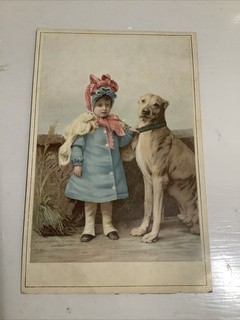 Vintage Victorian trade card girl with dog perhaps Great Dane antique