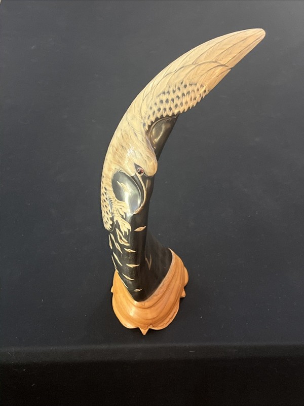 Vintage 10.5” Tall Hand Carved Oriental Buffalo Horn Red Eyed Eagle Sculpture