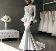 Muslim Evening Dresses Formal Occasion Lace Applique High Collar Satin Prom Gown