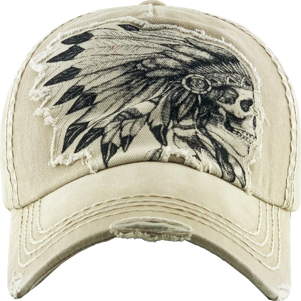 Native American Indian Chief Vintage Skull Distressed Khaki Cap Hat by KB Ethos - Image 2 of 3