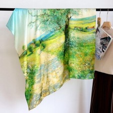 Field Print 100 Mulberry Silk Wrap Shawl Bandanna Stole Square Scarf 43" Green