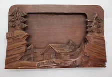 Antique Folk Art Rustic Hand Carved Cabin in Woods Picture Frame