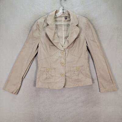 クローバー Y2K Beige Striped Women Blazer Clover Collar Stretch Classic