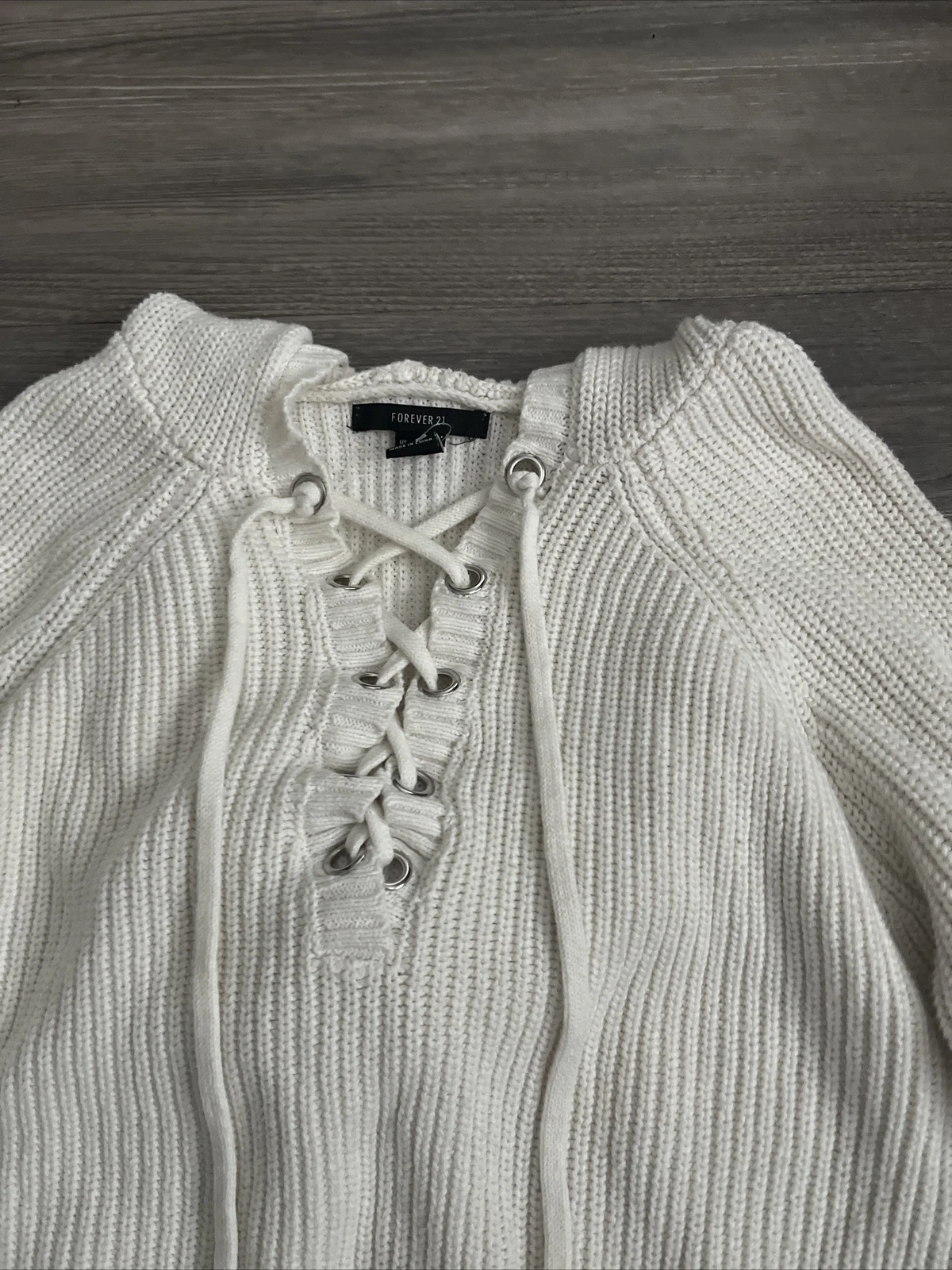 OFF WHITE Maglione Forever21 con cappuccio e pizzo sul davanti tagliato taglia M cotone acrilico bianco sporco