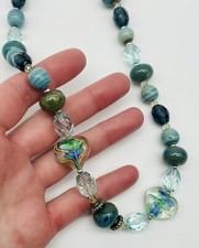 Art Glass Bead Necklace Blue Cased Hearts Faceted Crystal Ceramic 17  