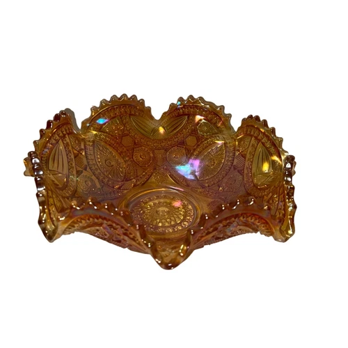 Vintage Imperial Glass Long Hobstar Marigold Round Crimped Bowl