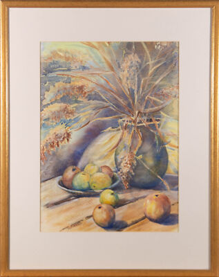 Basil E. Pursall - 20th Century Watercolour, Flower Vase and Apples