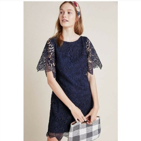 Anthropologie Charleston Dress Sz Navy Blue Flutter Sleeve Lace Sheath  Mini