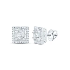 14kt White Gold Womens Baguette Diamond Fashion Square Cluster Earrings 1/2