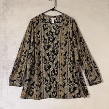 Catherines Womens Button Front  Blouse Black Gold Paisley Baroque Plus Size 1X