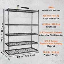 Garage Rack 5-Tier Adjustable 2000 lbs Load Storage Shelving Unit 24*60*78" 