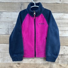 Columbia Girls Fleece Jacket Pink Navy Full Zip Mock Neck Size XXS 4/5 Euc