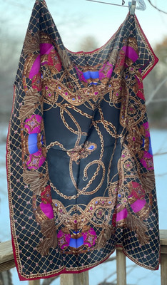 Vintage Adrienne Landau Studio Silk Designer Scarf Jeweled Colors Chains Tassels
