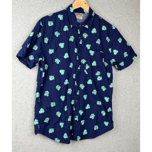 Pokemon Bulbasaur Mens Small Navy Blue Mint Green Button Down Shirt Short Sleeve - Picture 1 of 8