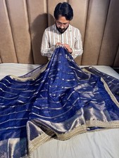 Women Blue Banarasi Organza Silk Saree Lace Work Unstitched Blouse Piece
