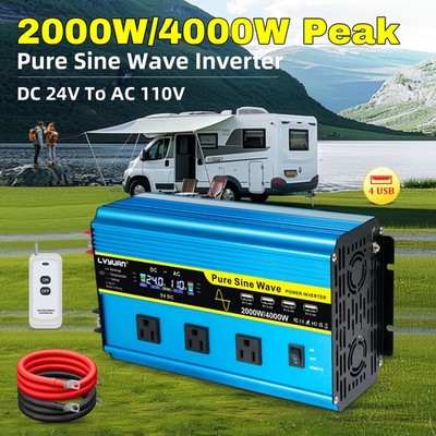 2000W 4000W Pure Sine Wave Power Inverter 24V to 110V Car 4AC 4USB LCD Remote