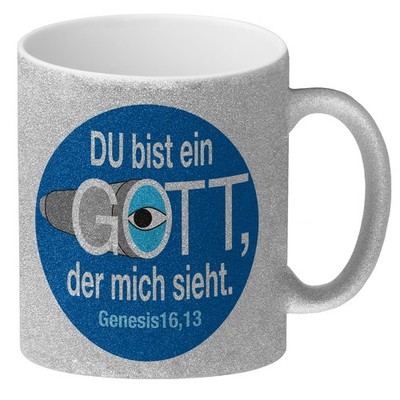 Du bist ein Gott, der mich sieht. Glitzer-Kaffeebecher mit Bibel Zitat in blau