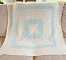 Hand-Crochet Light Blue and White Square Baby Blanket Afghan
