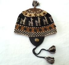 Hand-knitted Andean Peruvian Alpaca Hat Ear Flaps Pom-poms Browns