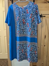 Tory Burch Mallory Blue Framed Bird Silk Shift Dress Size 12 Short Sleeve EUC