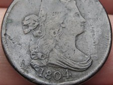 1804 Draped Bust Half Cent- Spiked Chin, Reverse Die Cud, Fine/VF Details