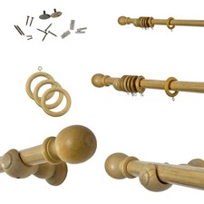 Heavy Duty Beechwood Curtain Pole Set Wooden Rod Rings Brackets Finials